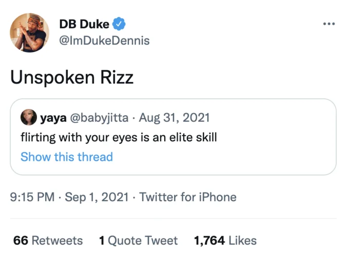 A widely shared 2021 tweet from DB Duke coining the phrase 'Unspoken Rizz' in response to a viral tweet about eye contact flirting.