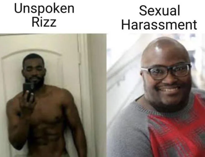 A popular two-panel joke format showing the perceived difference between 'Unspoken Rizz' and unwanted advances.