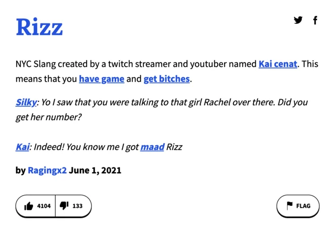 The original Urban Dictionary definition of 'Rizz' from June 2021, tracing the term back to Twitch streamer Kai Cenat.