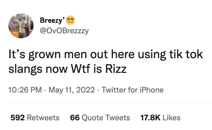 A 2022 tweet mocking the mainstream spread of 'rizz' as TikTok slang, illustrating the term's growing crossover appeal.