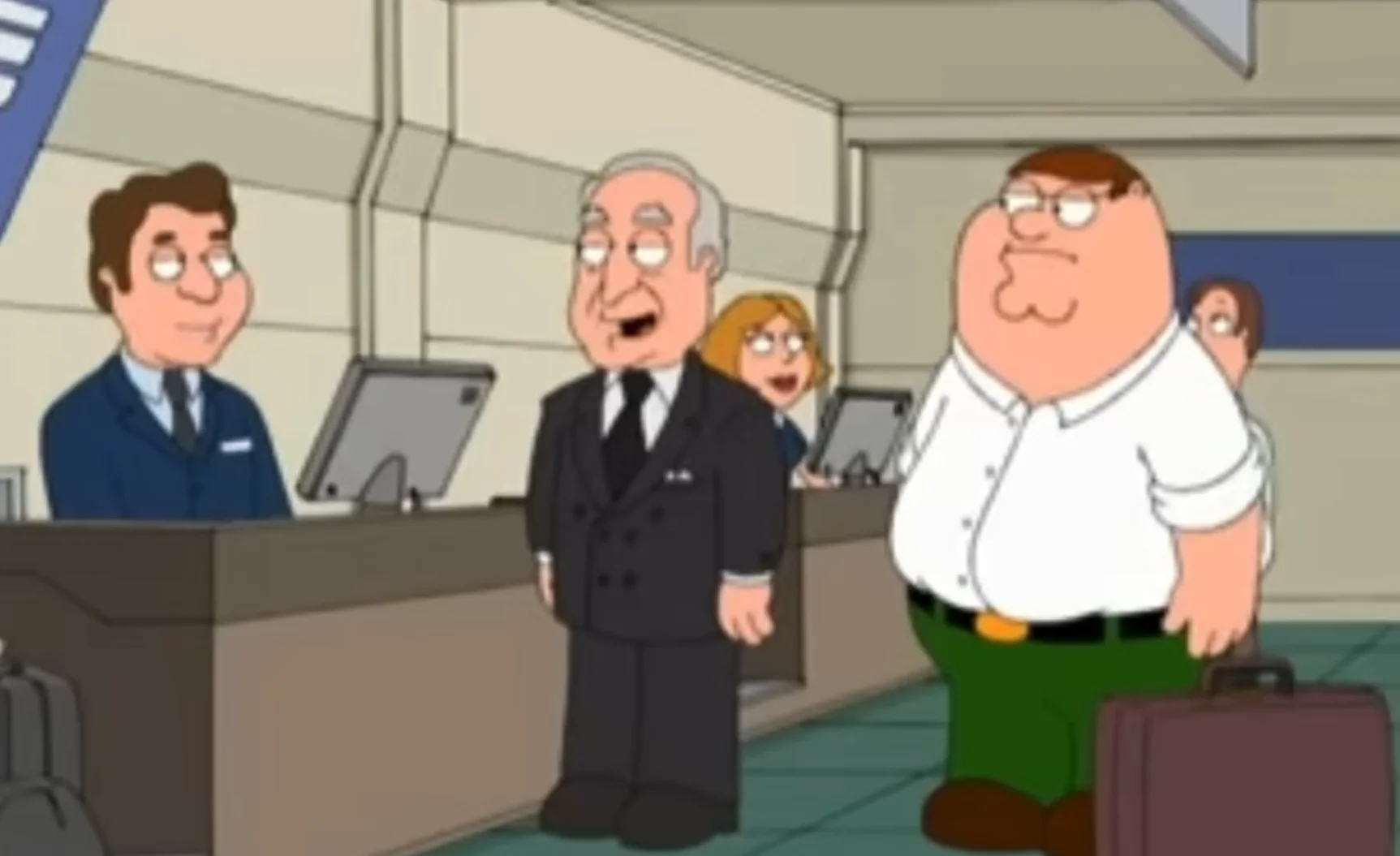 Robert Loggia appears as an animated caricature in a Family Guy airport scene alongside Peter Griffin.