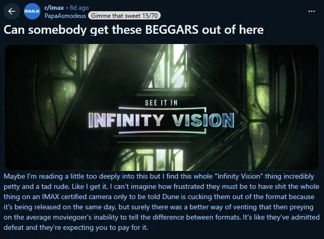 A Reddit post on r/imax using the meme phrasing to react to the 'Infinity Vision' format announcement.