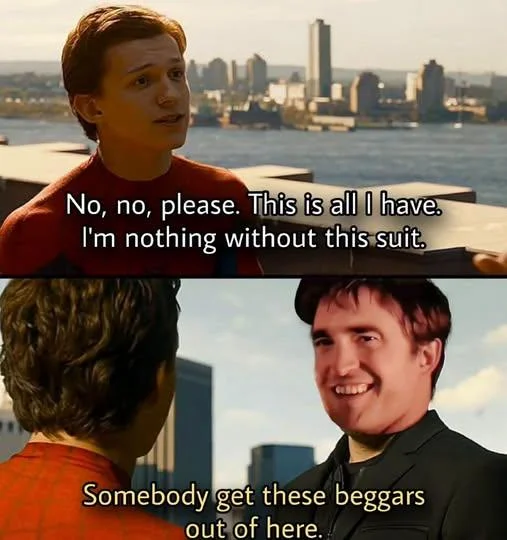A two-panel crossover pairing Tom Holland's Spider-Man begging Tony Stark with Pattinson's dismissive beggars line.