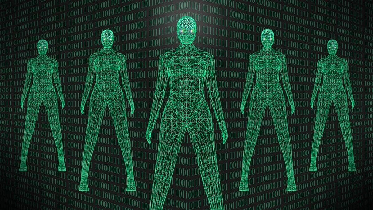 Entry banner image for the Robots and Artificial Intelligences category, depicting wireframe humanoids over a binary-code backdrop.