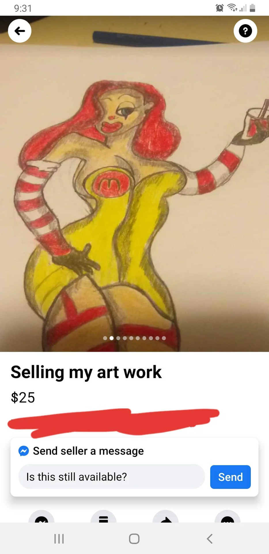An amateur fan-art rendering of Ronald McDonald listed for sale on Facebook Marketplace, part of the meme's proliferation of bizarre Ronald imagery online.