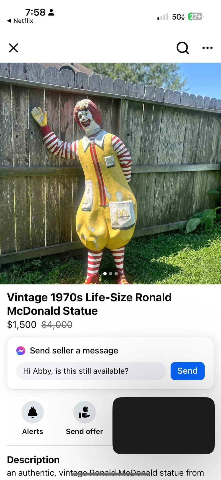 A Facebook Marketplace listing for a vintage 1970s life-size Ronald McDonald statue, an example of collectors trading discarded McDonald's memorabilia online.