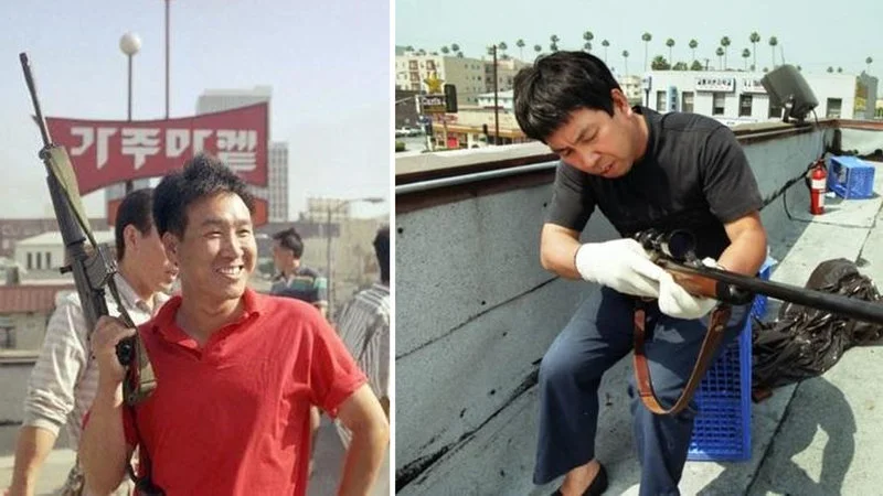 Composite collage of two most iconic 1992 Roof Koreans photographs.