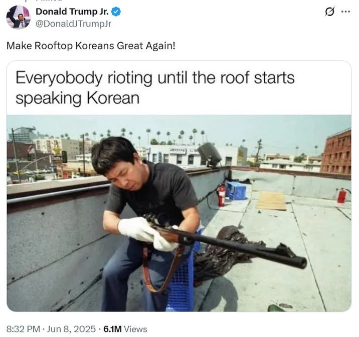 Trump Jr tweet amplifying Roof Koreans meme to millions of views.
