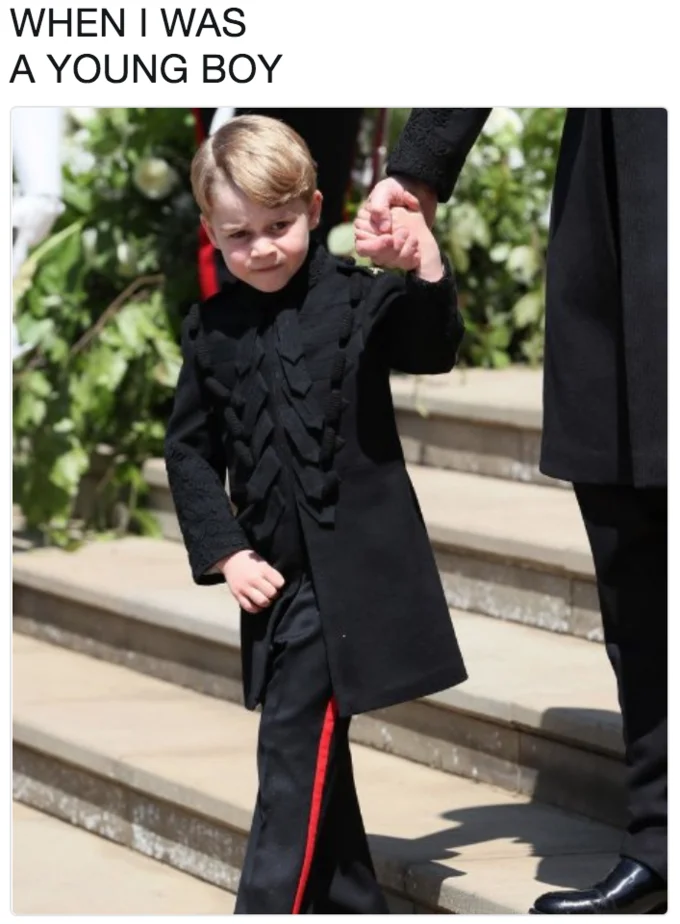 One of many memes riffing on Prince George's dour expression at the royal wedding, this one likening him to Draco Malfoy.