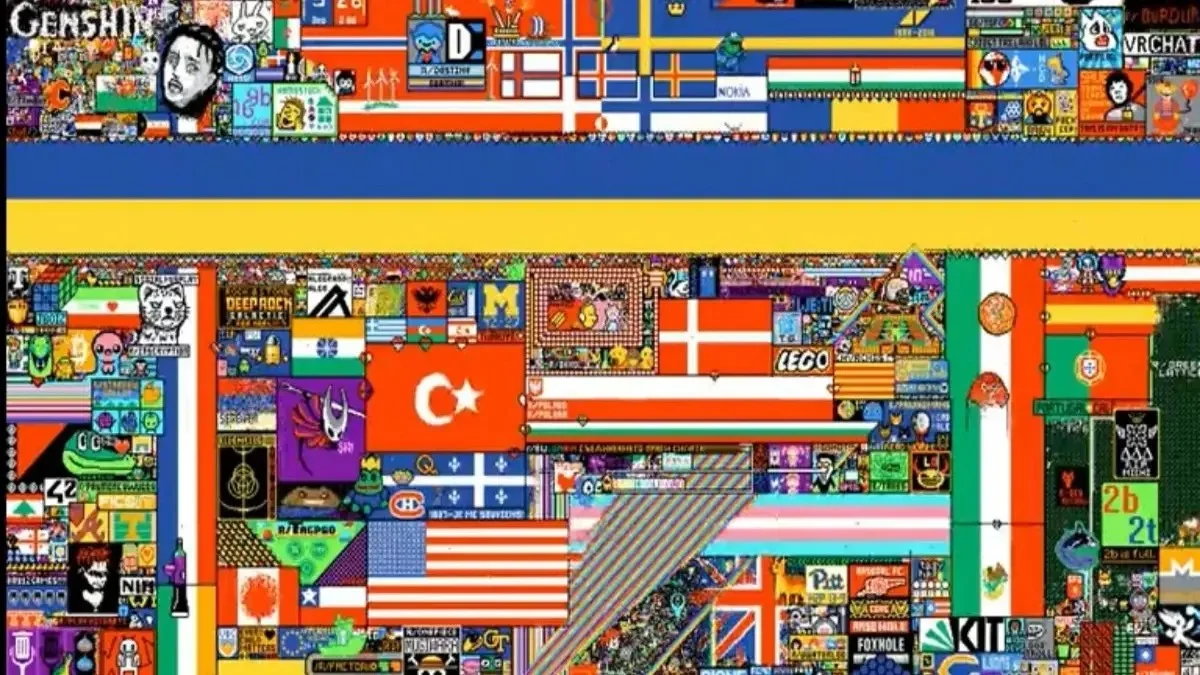 A section of the 2022 r/place canvas prominently featuring the Ukrainian flag amid a mosaic of national flags, community logos, and pixel art.