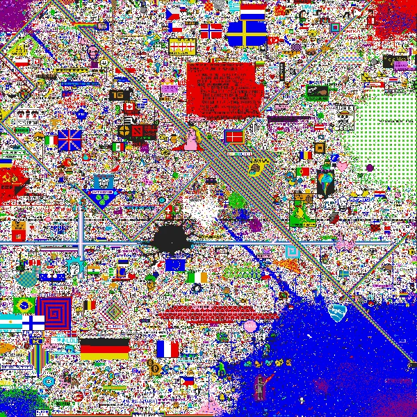 An infographic mapping the countries represented on the r/place canvas, distinguishing those depicted as flags from those featured in The Hearts region.