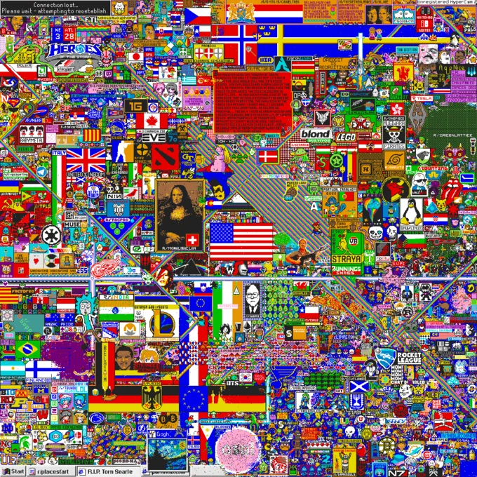 A near-complete view of the r/place canvas showcasing the vast array of collaborative pixel art, including the Mona Lisa and countless national flags and community logos.