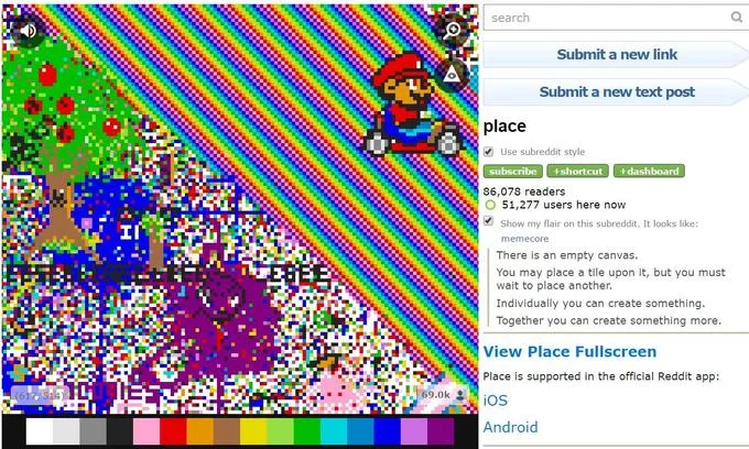 An early snapshot of the r/place subreddit showing the canvas rules in the sidebar alongside emerging pixel art such as Mario.