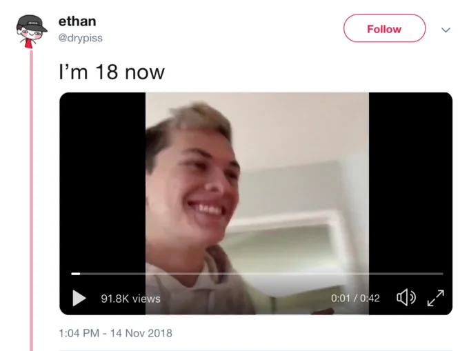 The original 'I'm 18 now' tweet by @drypiss that became associated with Rule 34 jokes.