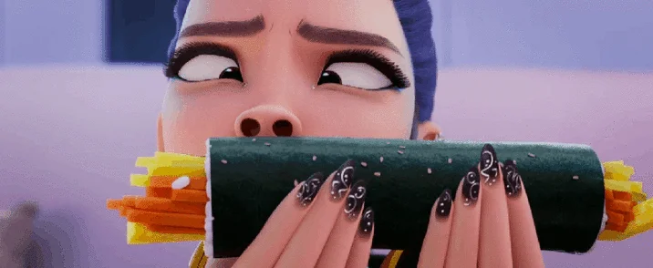 Animated close-up of Rumi sniffing kimbap with expressive reaction.