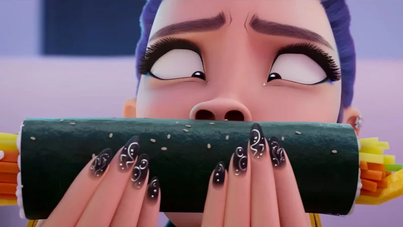 Full scene of Rumi holding kimbap with exaggerated blissful expression.