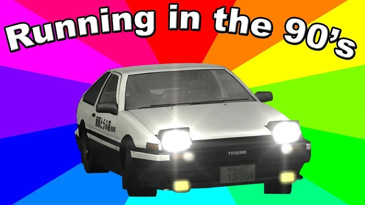 Definitive Running in the 90s meme with car and rainbow gradient.