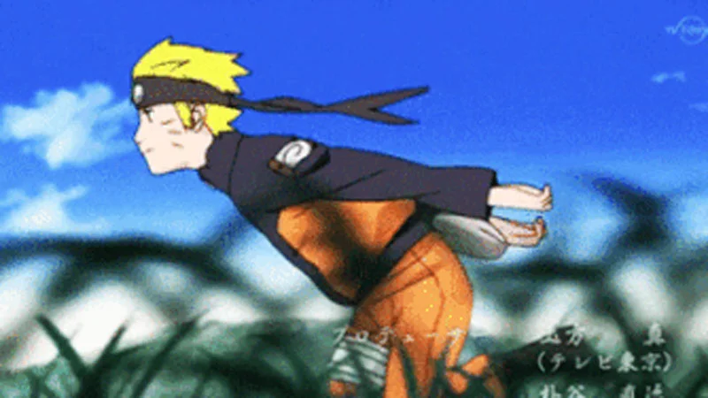 The quintessential Naruto running meme image in full stride.