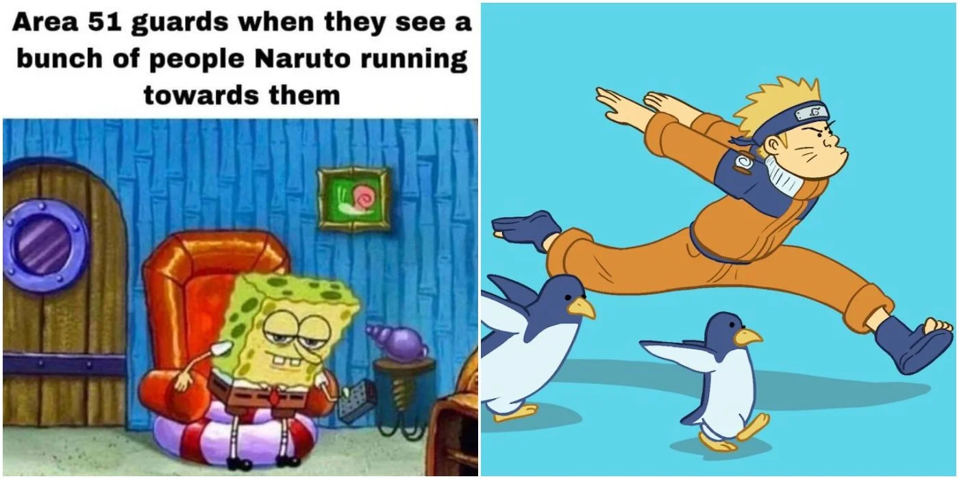 Two-panel meme of Area 51 guards encountering Naruto runners.
