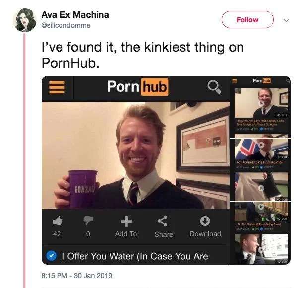 A viral tweet by @silicondomme that helped popularize Ryan Creamer's wholesome Pornhub channel in January 2019.