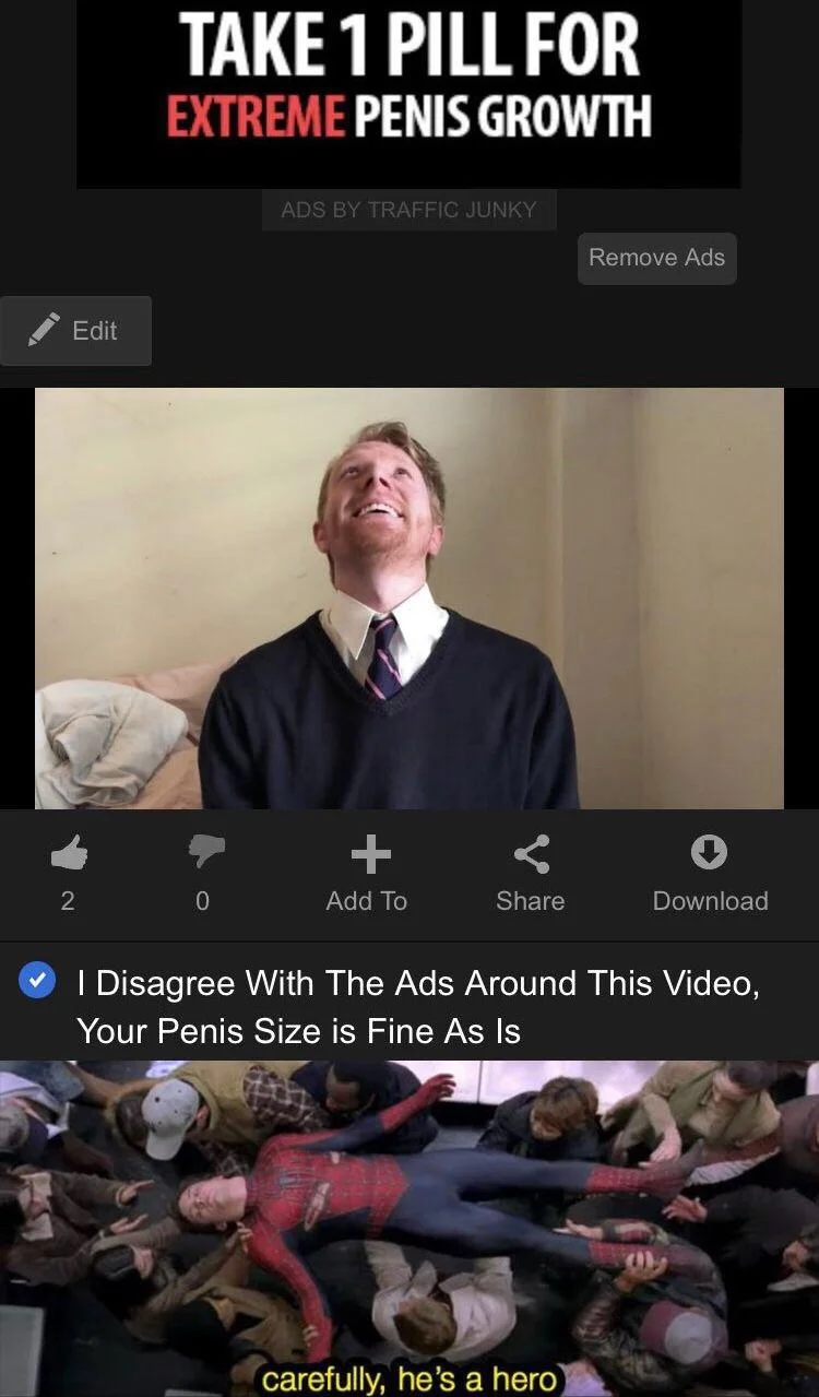 A meme celebrating Ryan Creamer's video pushing back against invasive Pornhub advertising with a Spider-Man 'hero' reaction.