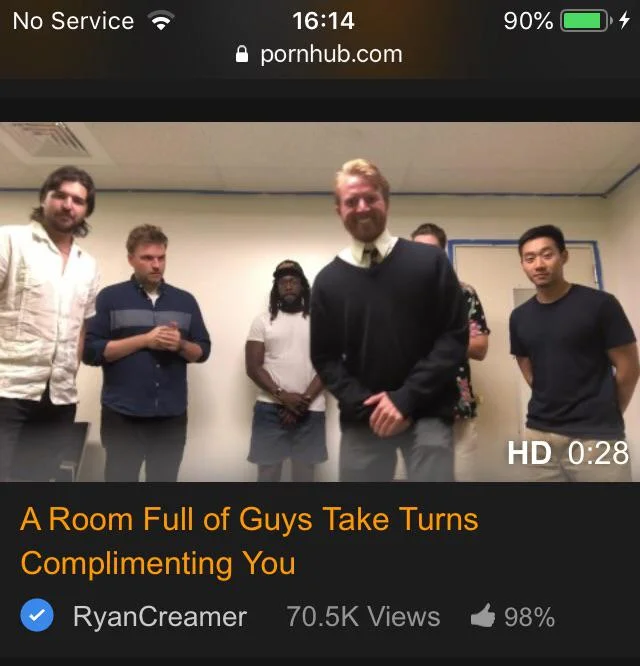 Ryan Creamer's video 'A Room Full of Guys Take Turns Complimenting You,' a signature wholesome parody from his Pornhub channel.