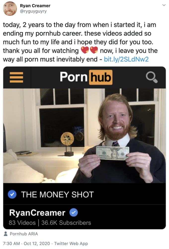 Ryan Creamer's October 2020 farewell tweet, marking the end of his two-year run of wholesome Pornhub parodies.