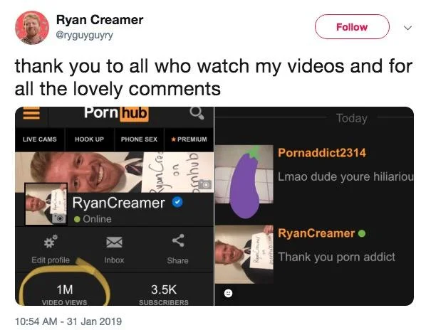 Ryan Creamer thanks his audience on Twitter after reaching one million video views on Pornhub.