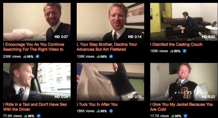 A collection of thumbnails from Ryan Creamer's Pornhub channel showcasing the comedian's wholesome, non-sexual video parodies.