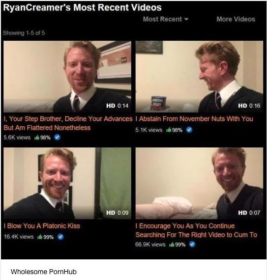 A screenshot of Ryan Creamer's video library on Pornhub, highlighting his signature wholesome content style.