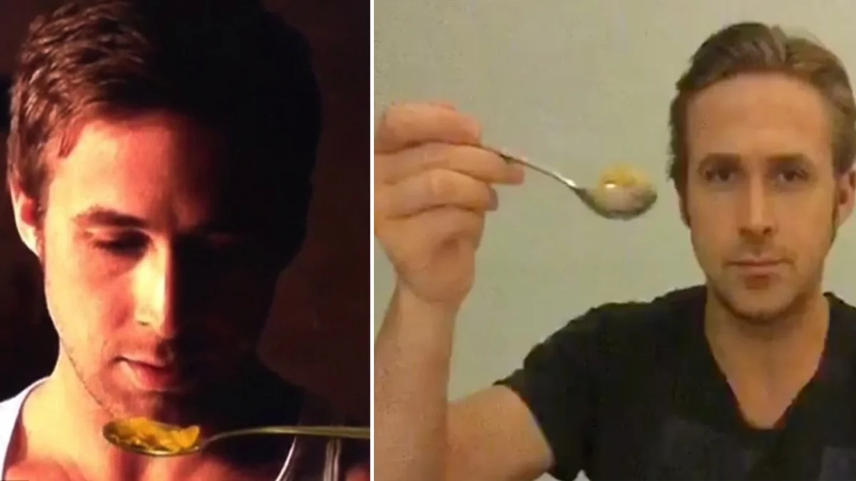 The banner image for the 'Ryan Gosling Won't Eat His Cereal' meme, combining stills of the actor with cereal spoons offered up to his mouth.