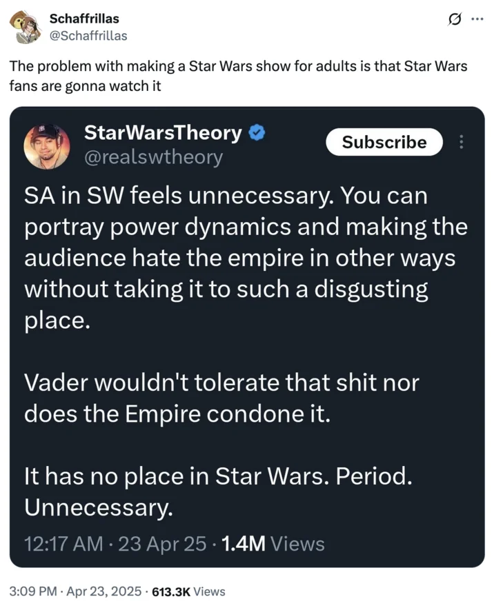 Reposted StarWarsTheory tweet emphasizing original argument about SA necessity.