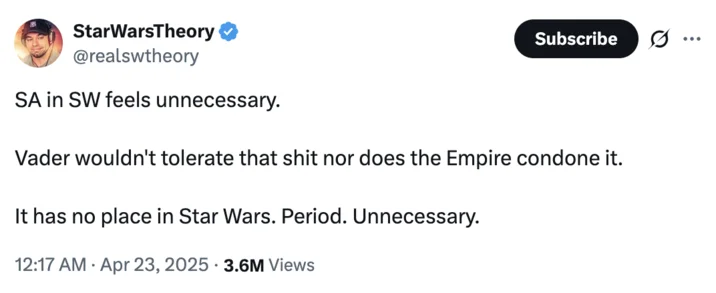 Original StarWarsTheory tweet igniting the SA in Star Wars debate.