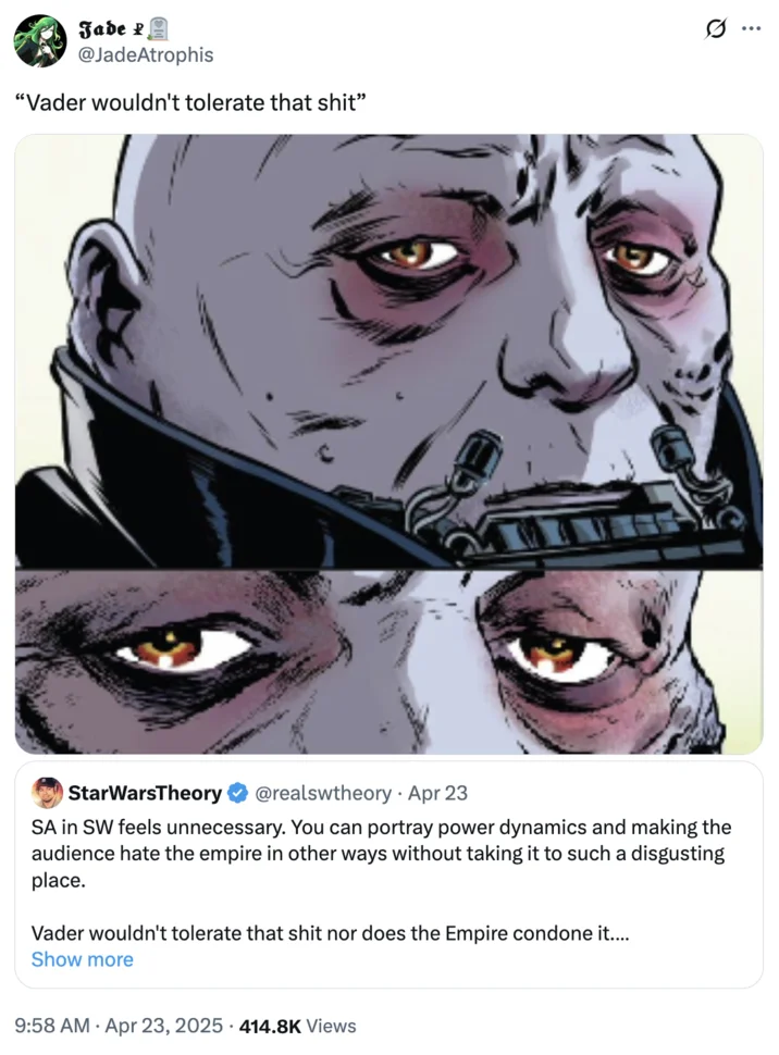 Twitter response citing Vader's canonical character in the debate.