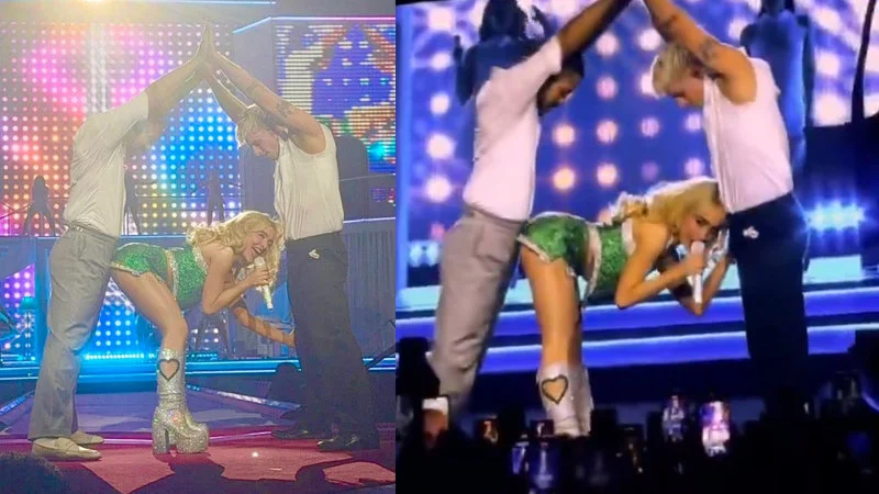 Sabrina Carpenter's iconic Eiffel Tower pose from Paris concert.
