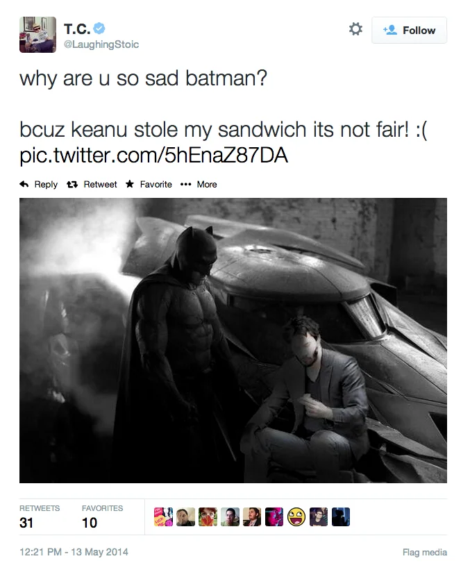 An early Sad Batman remix pairing the Batman still with the Sad Keanu meme, illustrating how quickly the image spread and merged with existing internet culture.