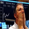 Iconic trader reacting in shock before DAX exchange display board.