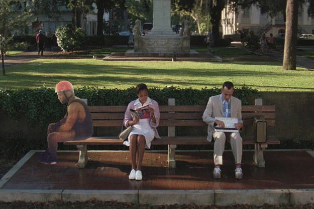 A photoshop edit inserting Sad Kanye into the famous 'Forrest Gump' bench sequence, a popular film-mashup variant of the meme.