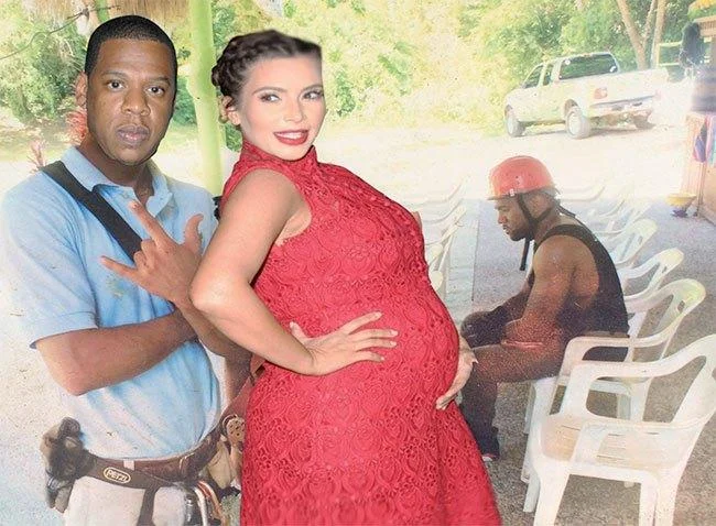 A photoshop edit inserting Jay-Z and a pregnant Beyoncé lookalike into the original Sad Kanye photograph, riffing on rap-industry relationships.