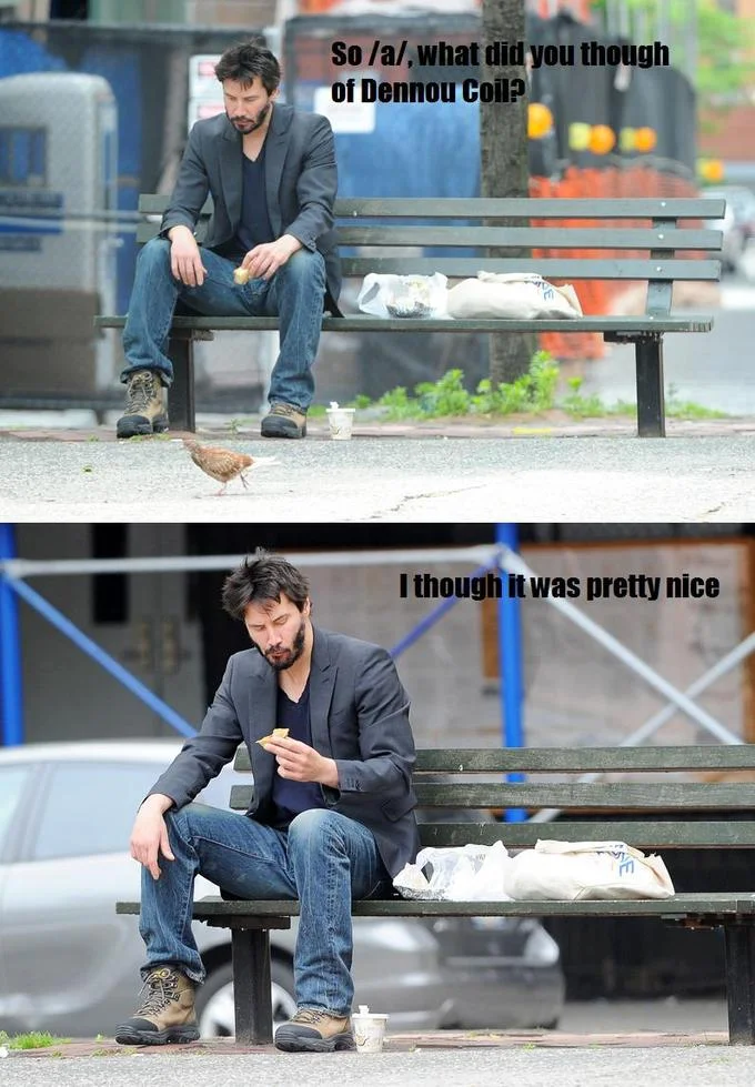 An early Sad Keanu image macro from 4chan's anime board referencing the series Dennou Coil.