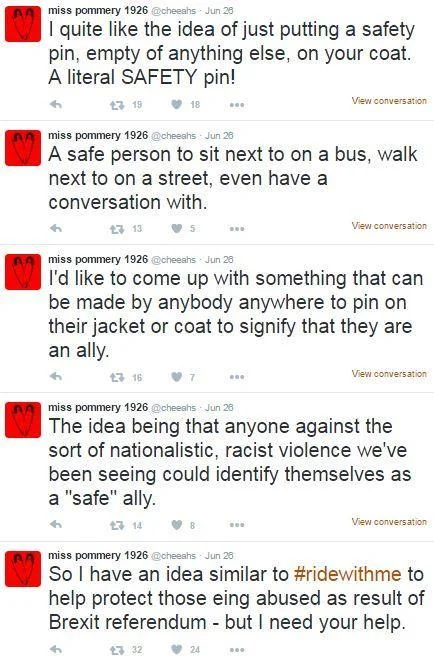 The original Twitter thread by @cheeahs (June 26, 2016) proposing the safety pin as a symbol worn by allies against post-Brexit xenophobia.