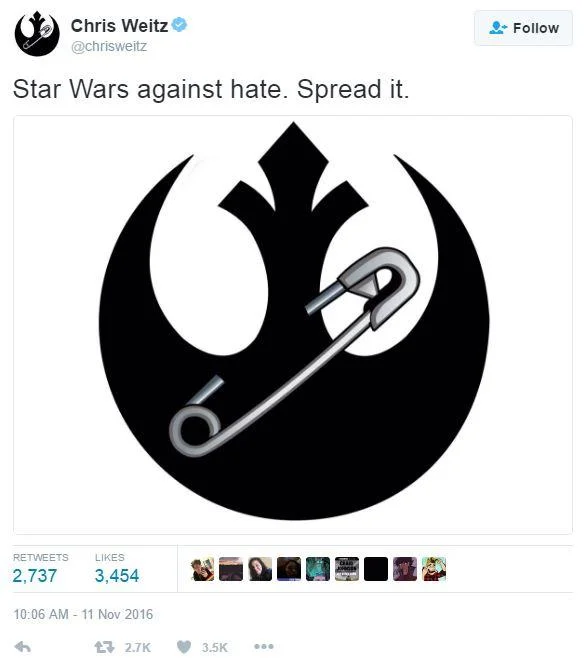 Filmmaker Chris Weitz combined the safety pin symbol with the Star Wars Rebel Alliance logo, helping the movement go viral in November 2016.