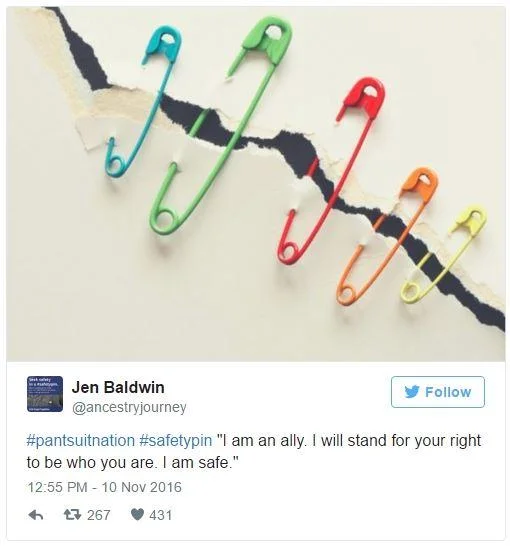 A November 2016 tweet using colorful safety pins to declare allyship, connecting the movement with the #PantsuitNation community.