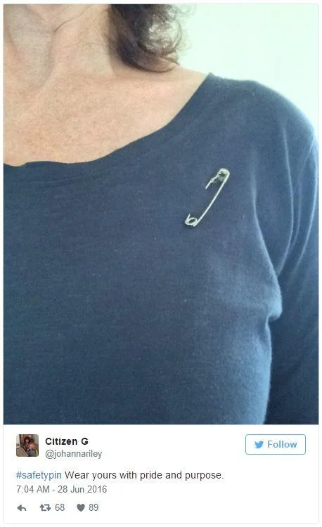 A supporter of the safety pin movement encourages others to 'wear yours with pride and purpose' in a June 2016 tweet.