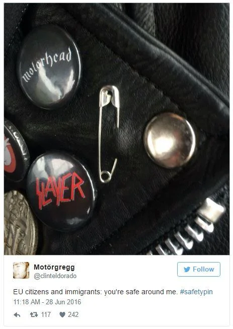 A tweet demonstrating the safety pin movement, worn on a leather jacket in solidarity with EU citizens and immigrants after the Brexit vote.