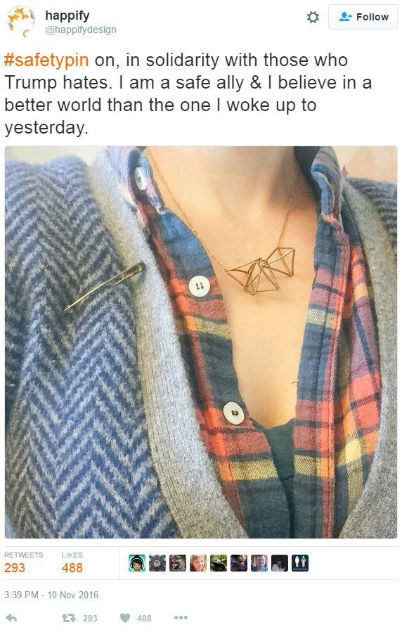 A tweet illustrating how the safety pin movement crossed the Atlantic to the United States following the November 2016 election of Donald Trump.
