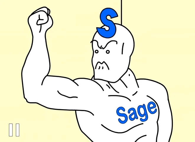 A screenshot from an animated version of the classic sage mascot illustration, indicated by the pause icon in the lower-left corner.