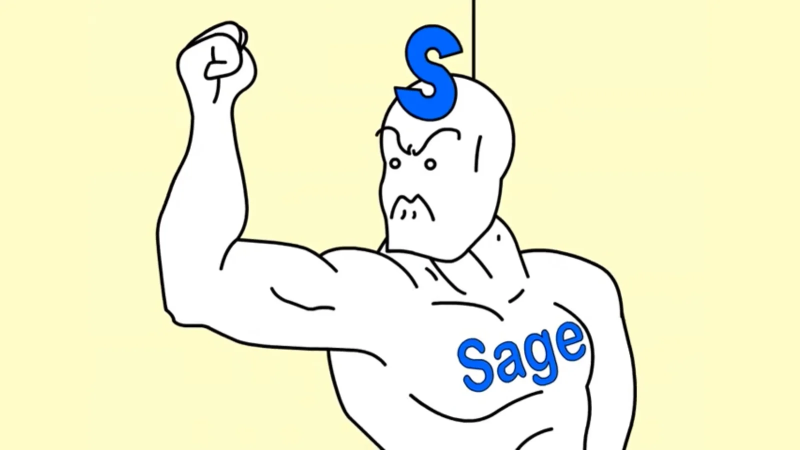 The iconic mascot illustration associated with the 4chan 'sage' meme, depicting an angry, flexing figure branded with the word 'Sage'.