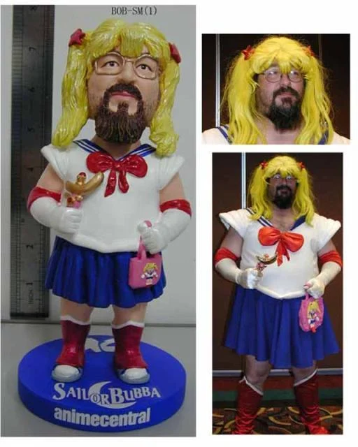 Promotional collage showing the Sailor Bubba bobblehead produced by Anime Central alongside photos of the cosplayer who inspired it.