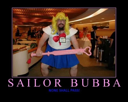 Demotivational-style poster featuring Sailor Bubba wielding his pink heart wand with the caption 'None shall pass!'.
